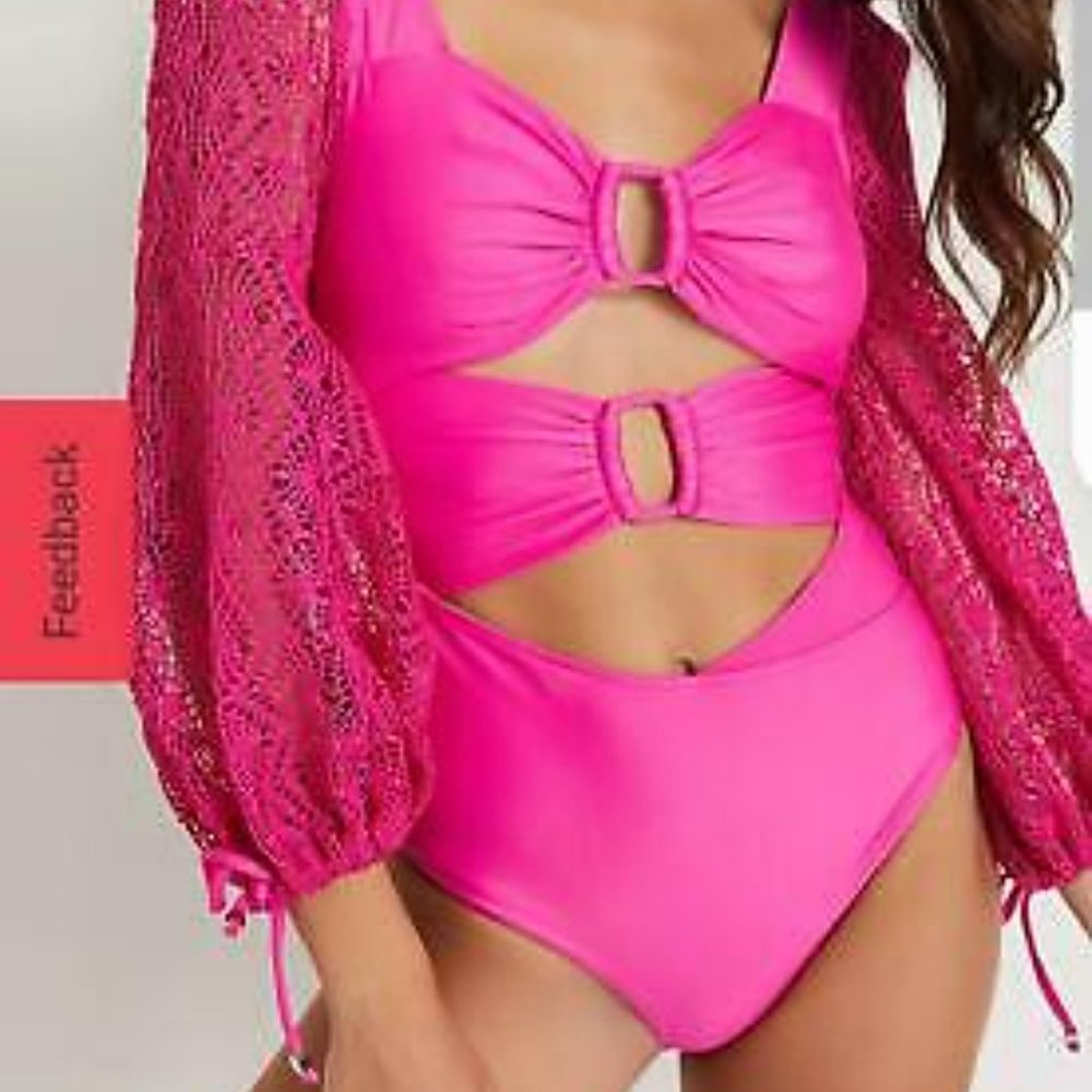 PatBo NWT hot pink cutout  bodysuit top with net sleves S.